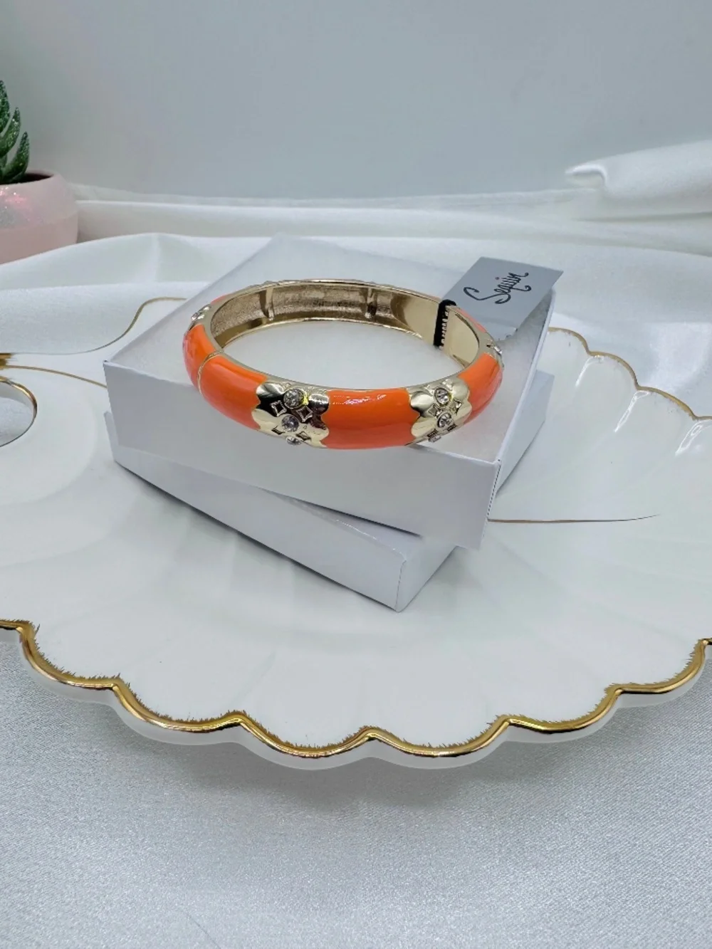 Orange Enamel Gold Tone Crystal Floral Hinged Bangle Bracelet